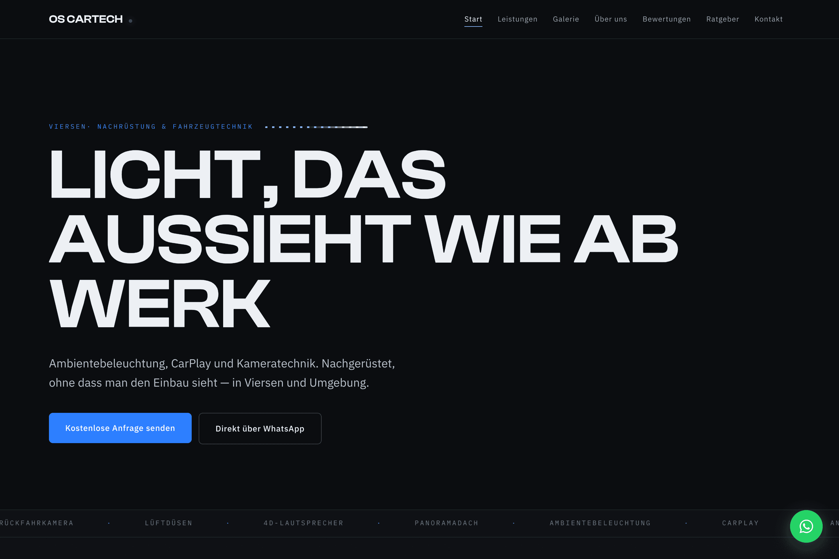 The OS CarTech homepage: a dark hero reading 'Licht, das aussieht wie ab Werk' over a services marquee.